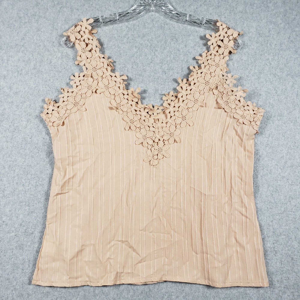 Womens L Peach Floral Lace Trim Textured Cami Tank Top Coquette Cottagecore Boho